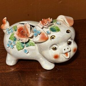 Vintage Ceramic Pig Piggy Bank Iridescent Pink Rose Flowers G&W Japan Farm l